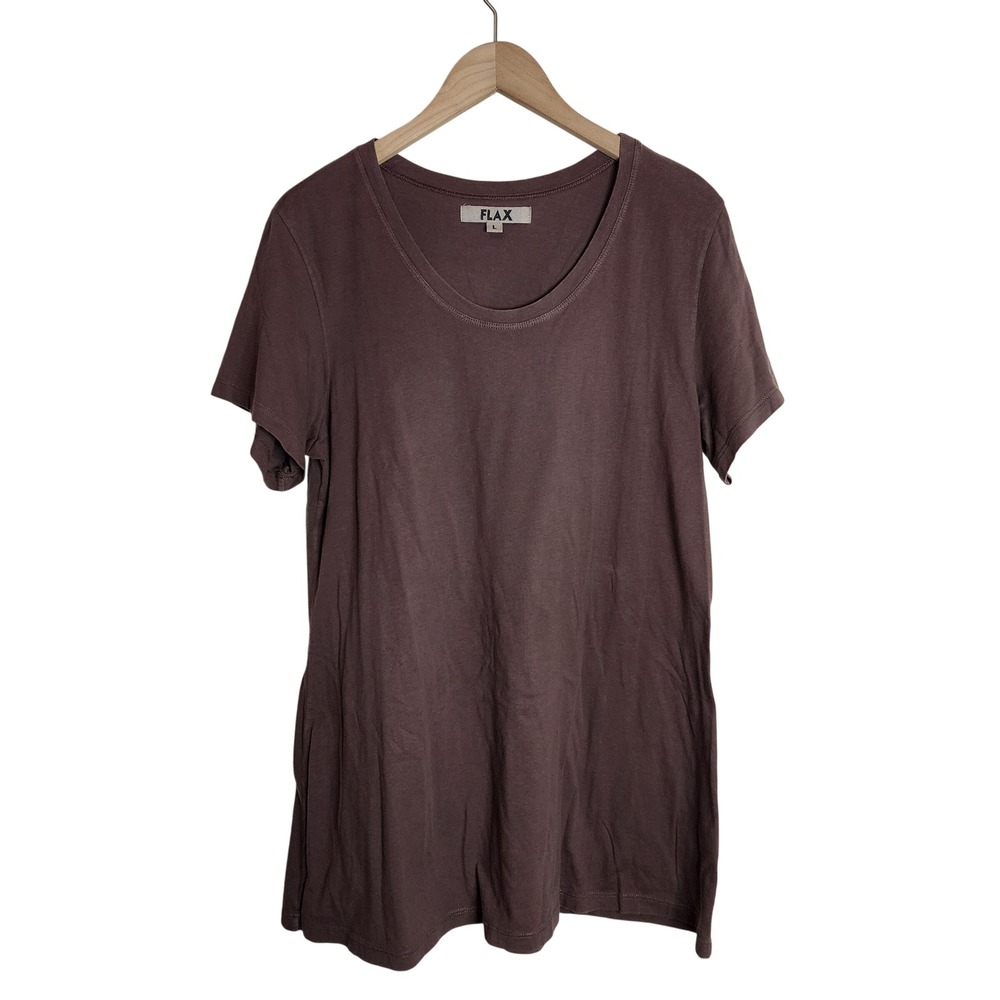FLAX T-Shirt Womens Large Brown 100% Cotton Short Sleeve Scoop Neck USA Made